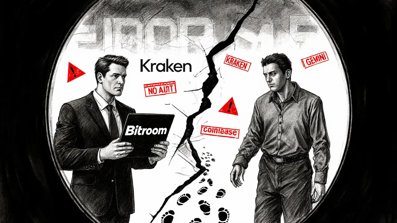 A cracked mirror showing a scam victim&#039;s dual fate, with warnings and safe exchange names in the background.