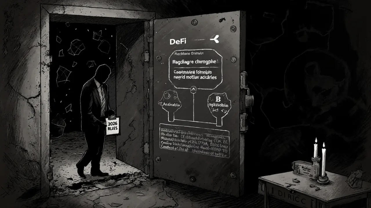 A DeFi interface projected on a crumbling bank vault as a regulator walks away.