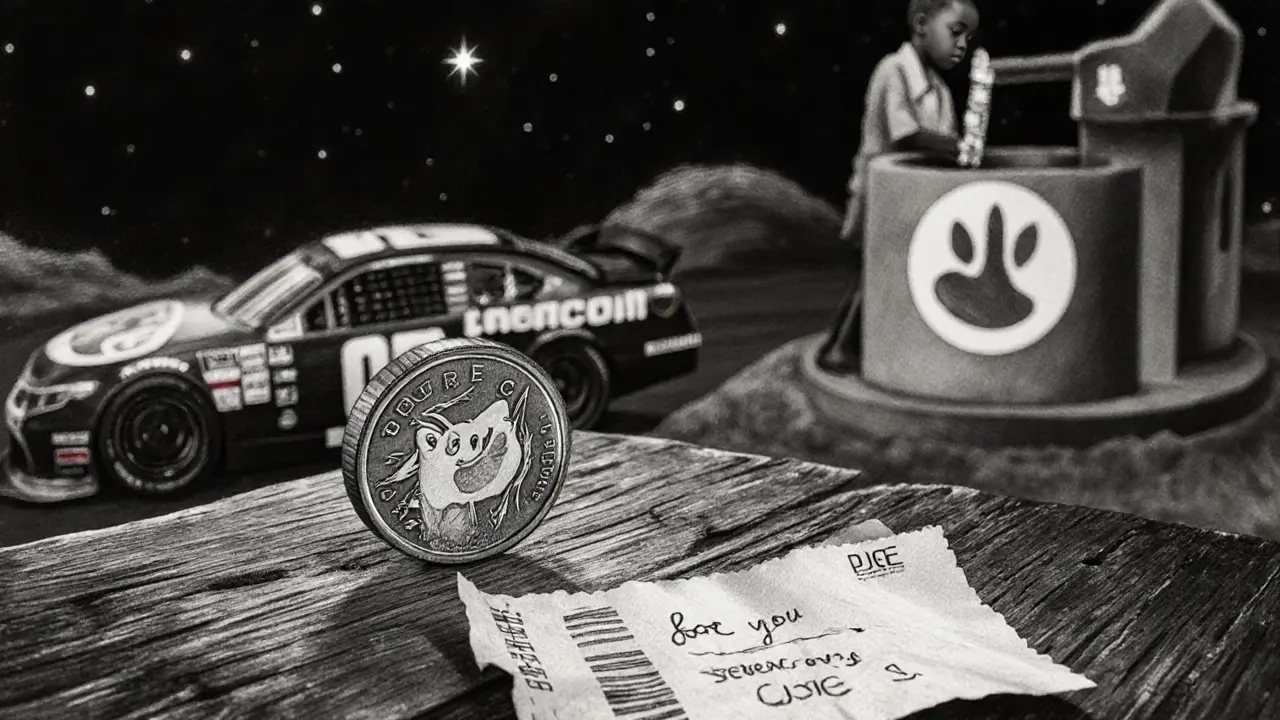 A Dogecoin coin beside a coffee receipt and note, with distant NASCAR and clean water well in charcoal shading.