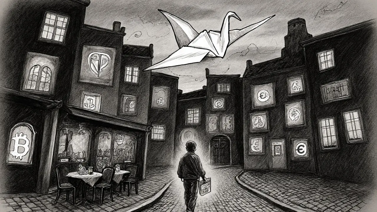 A European city at dusk with blockchain-themed buildings and a person walking with a Nash card, symbolizing crypto spending in daily life.