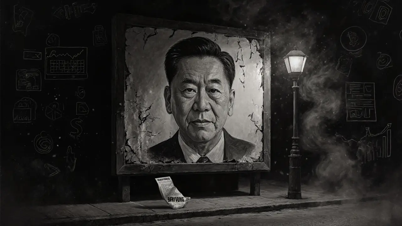 A faded billboard of Moo Deng in an alley, with a crumpled crypto receipt on the ground, drawn in charcoal.