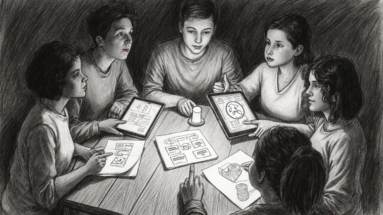 A group of beginners learning about crypto at a table, with SAMO tokens and Solana diagrams in charcoal.