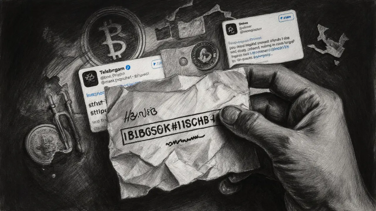 A hand holding a BSC wallet address on paper, with blurred social media icons behind it in charcoal sketch.