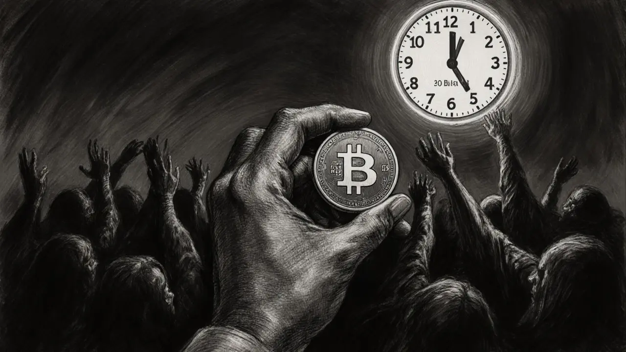 A hand holding a JAGER token as shadowy figures reach toward a distant reward clock.