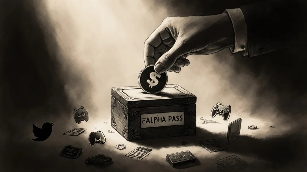 A hand places a SAND token into a wooden Alpha Pass box surrounded by task icons.