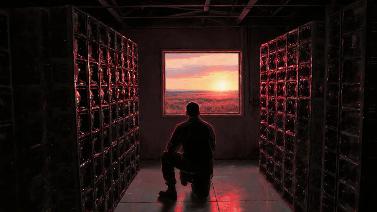 A lone miner in a dim industrial hall surrounded by ASIC rigs, lit by red glow, with a sunrise visible through a window.