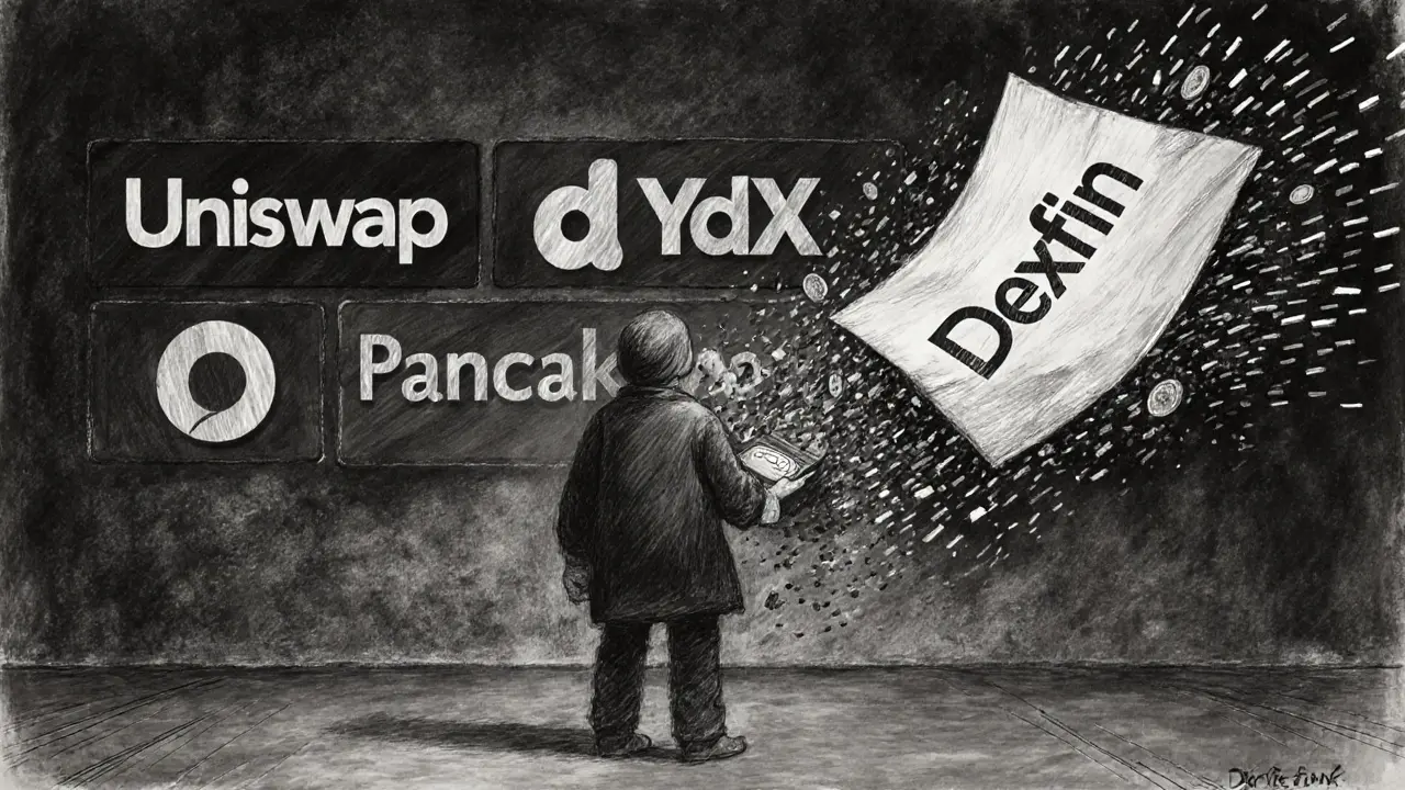 A person facing established crypto platforms while Dexfin&#039;s sign blows away in wind.