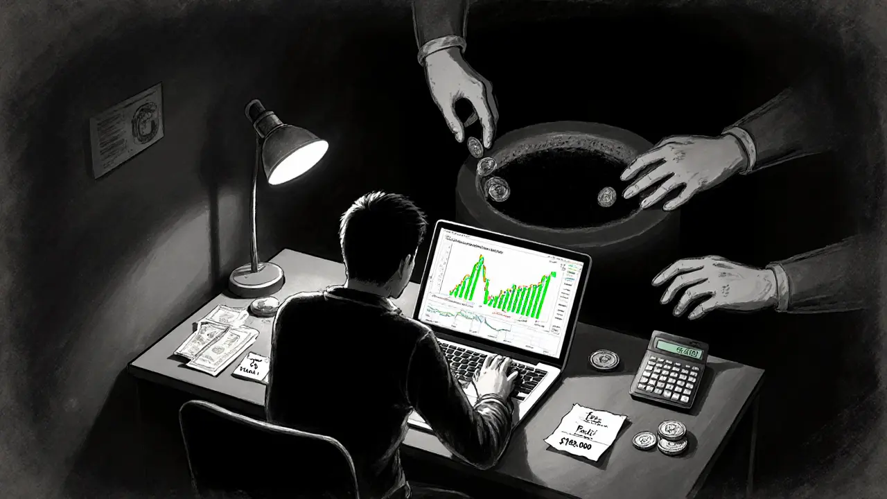 A person staring at a fake crypto dashboard as ghostly hands pull their money into darkness.