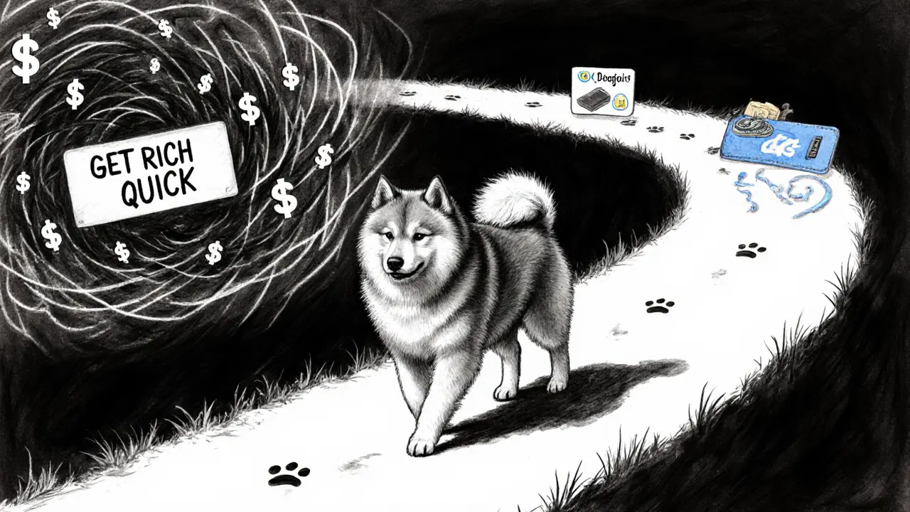 A samoyed dog walking a path divided between speculative chaos and calm crypto education.