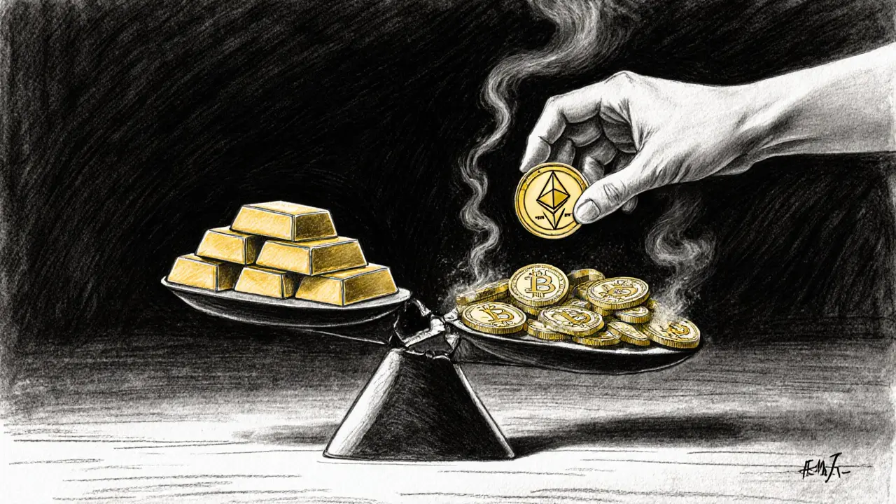 A scale balancing gold bars against crypto tokens, with a hand adding capital to the gold side.