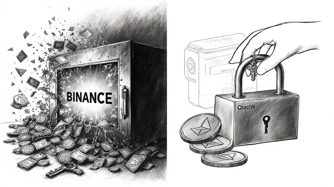 A split scene: a collapsing digital vault vs. a secure locked box with a key, representing centralized vs. non-custodial crypto.