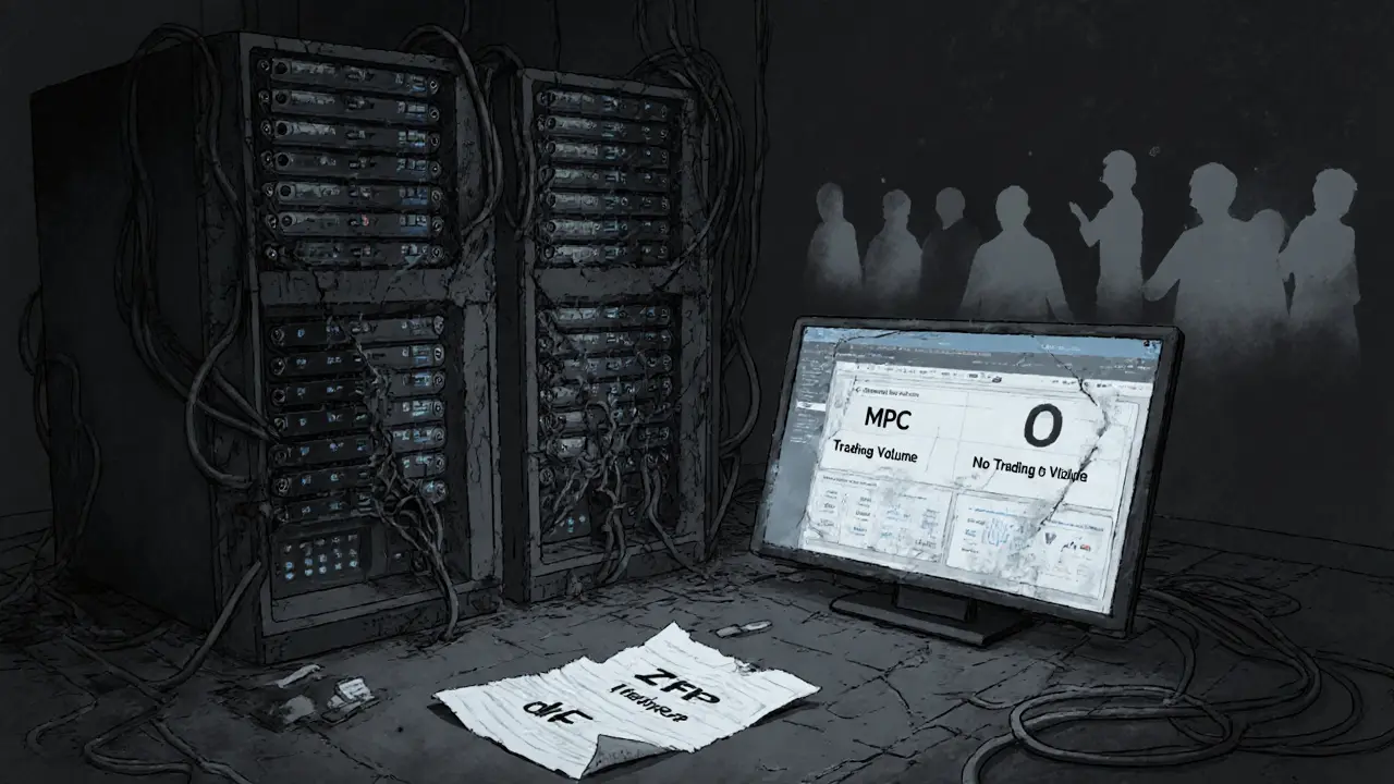 Abandoned server rack with frozen &#039;0 Trading Volume&#039; display and torn whitepaper.