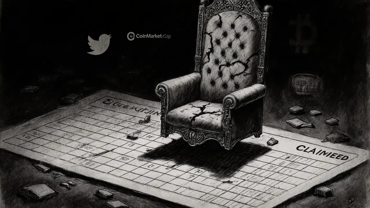 An empty digital throne made of crumbling NFT fragments, with only one claimed slot visible in charcoal art.