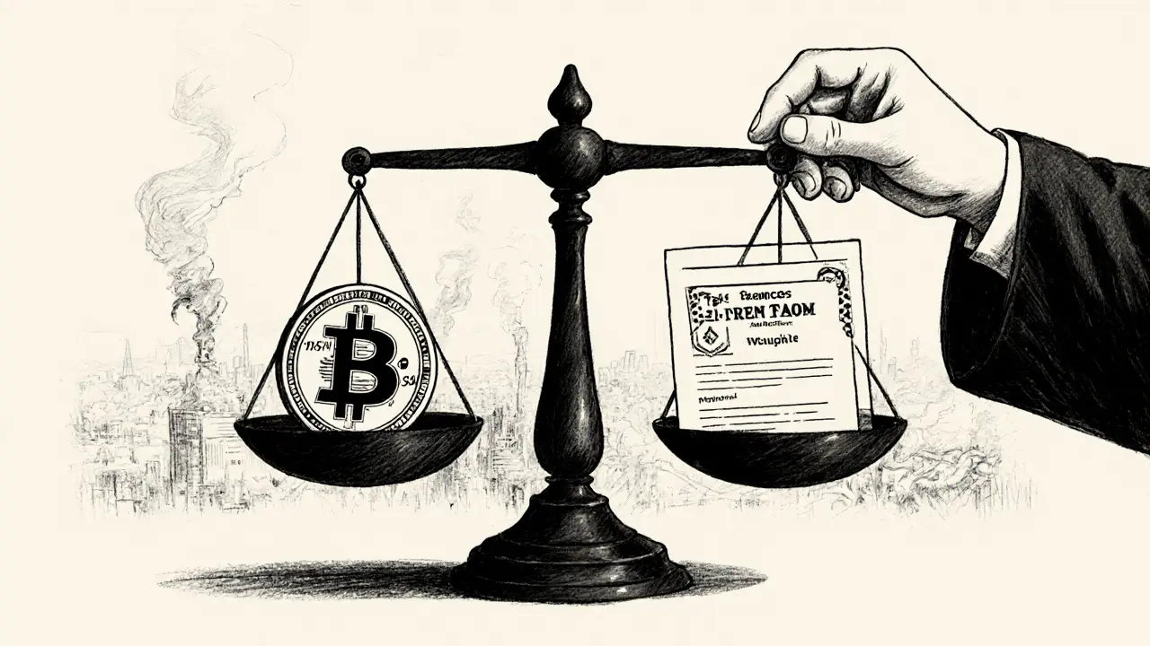 Balance scale comparing crypto tax (55%) to stock tax (20%), with regulatory hand tipping it.