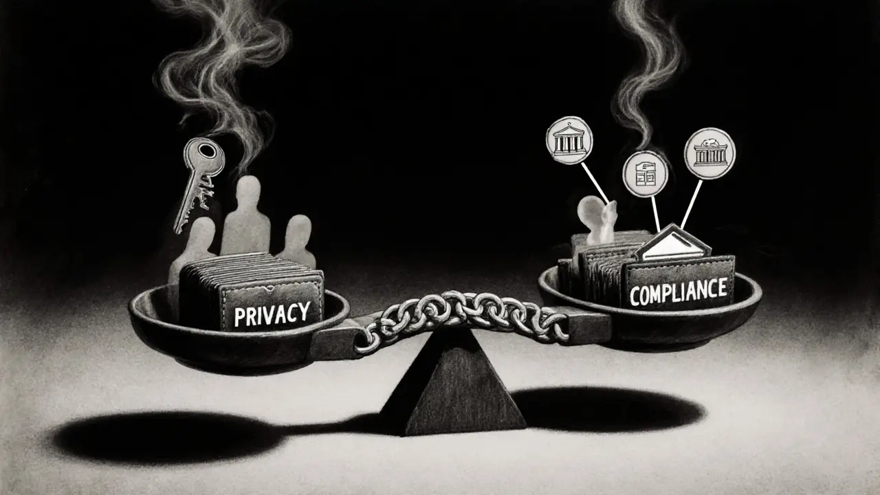 Balance scale weighing privacy against compliance in cryptocurrency tracing.