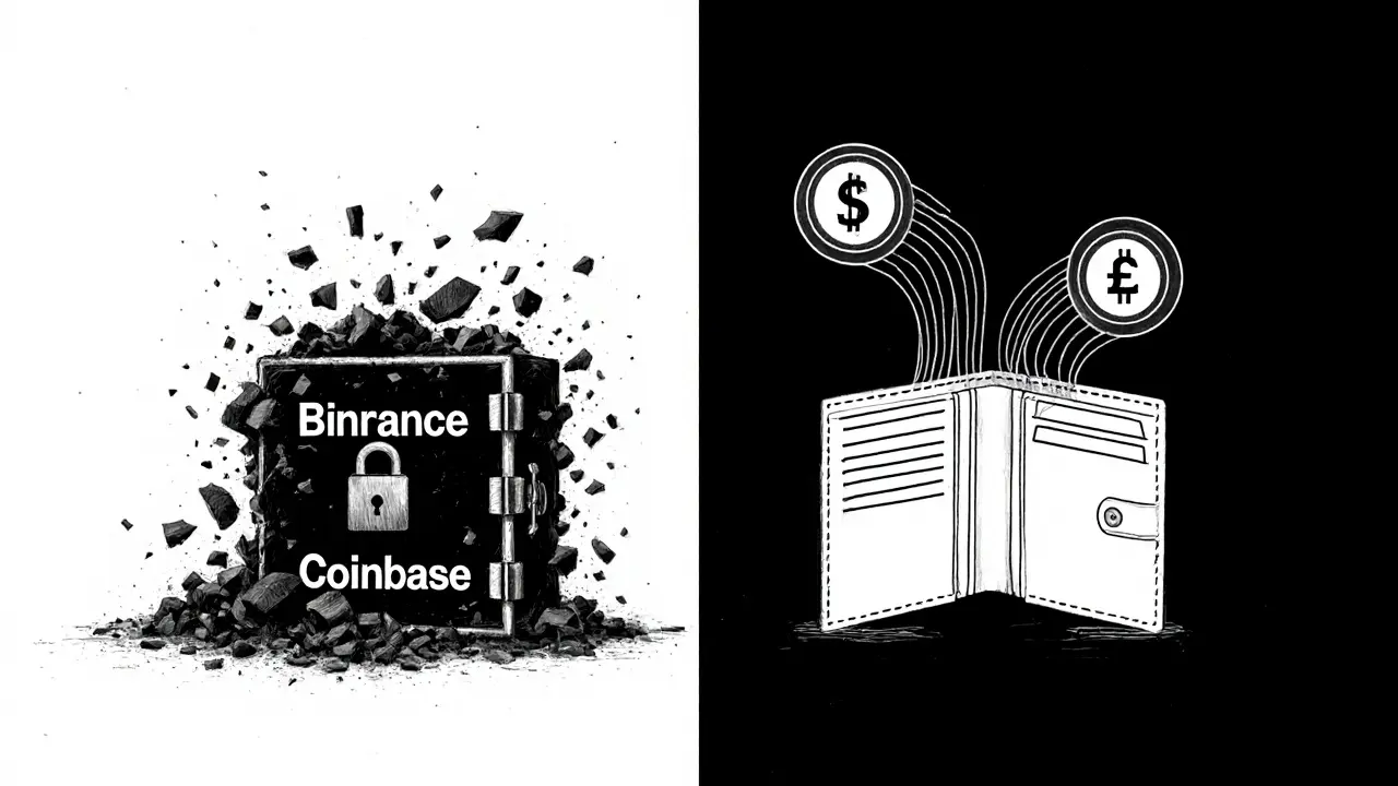 Charcoal drawing contrasting a crumbling bank vault with an open wallet and smart contract flows.