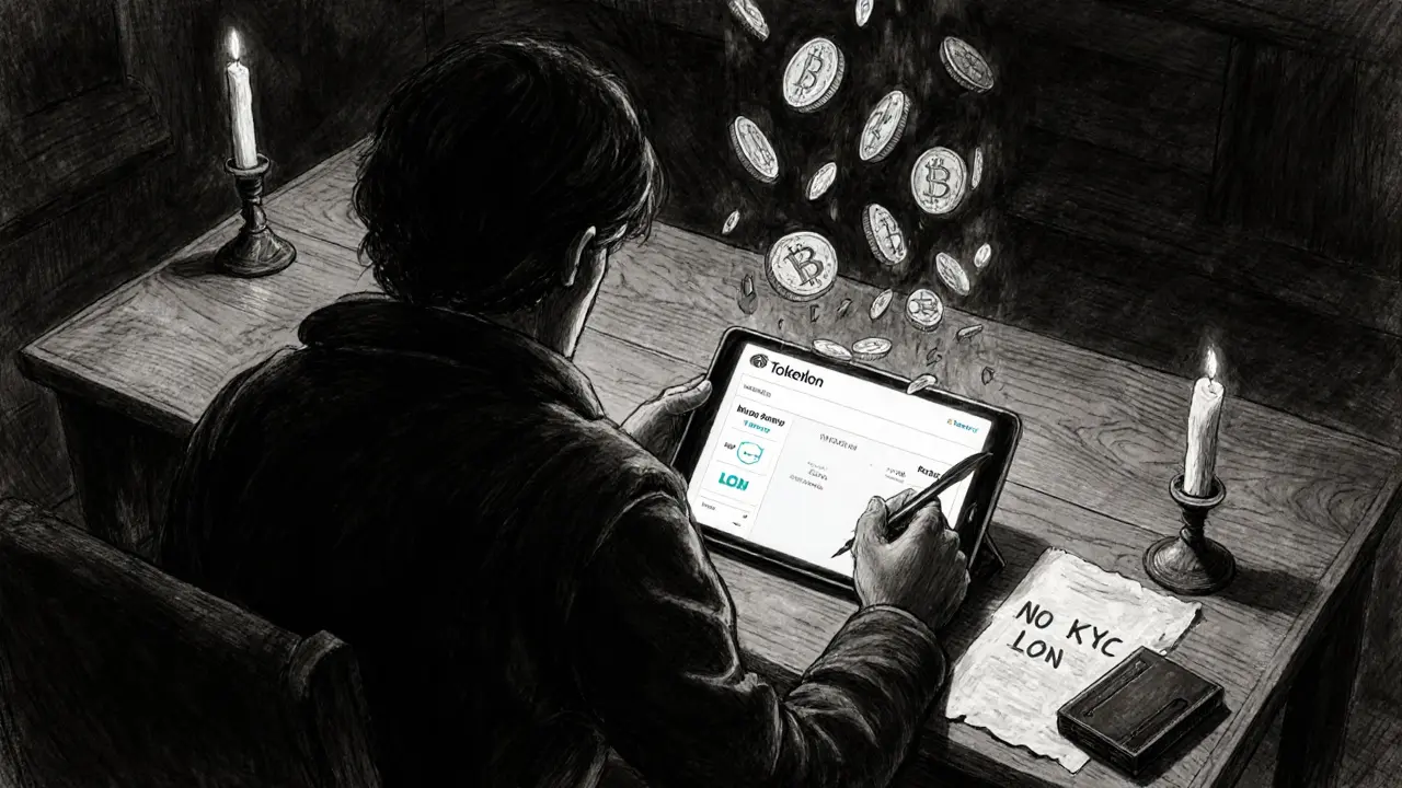 Charcoal drawing of a person at a desk using Tokenlon on a tablet, LON tokens falling like ash, hardware wallet nearby.