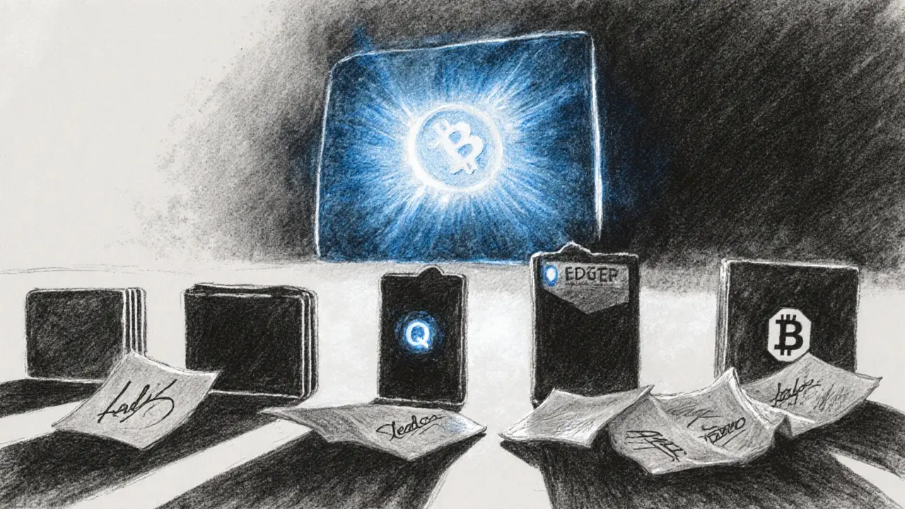 Charcoal drawing of quantum computer shadows over modern wallets, with old paper wallets at their feet.