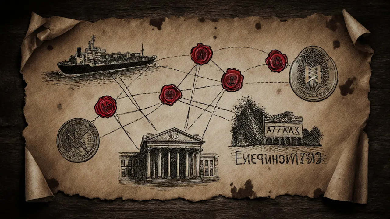 Charcoal network map linking Russian oil, Kyrgyz banks, and A7A5 tokens with red seals marking sanctioned nodes.