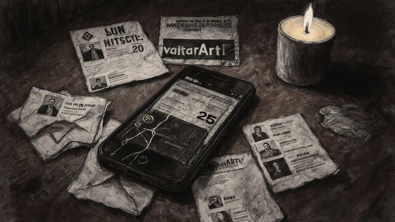 Charcoal sketch of a cracked phone showing $BNU tokens beside crumpled social media printouts and a lit candle.