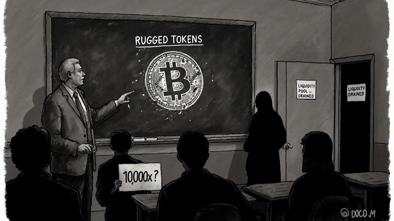 Classroom lecture on failed crypto tokens, with a crumbling name on chalkboard and shadowy figure vanishing.