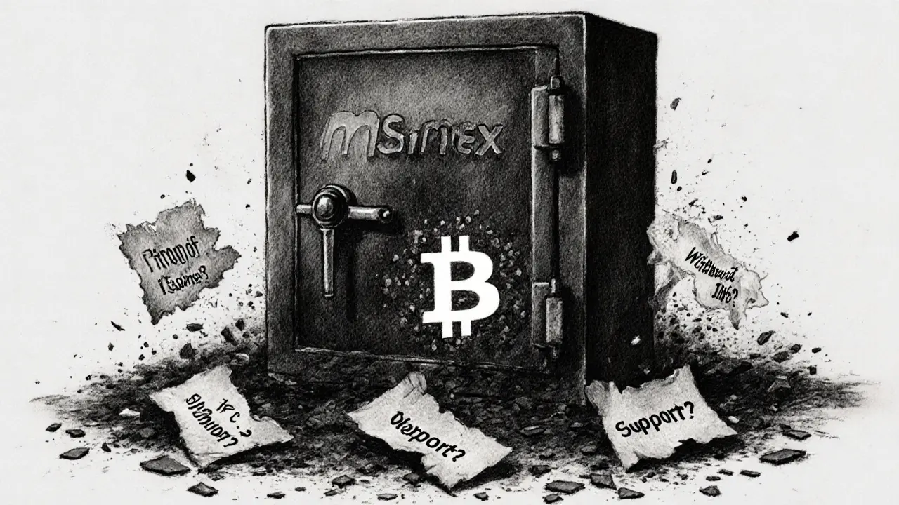 Closed safe with mSamex logo, documents dissolving to ash, Bitcoin glowing inside unreachable.
