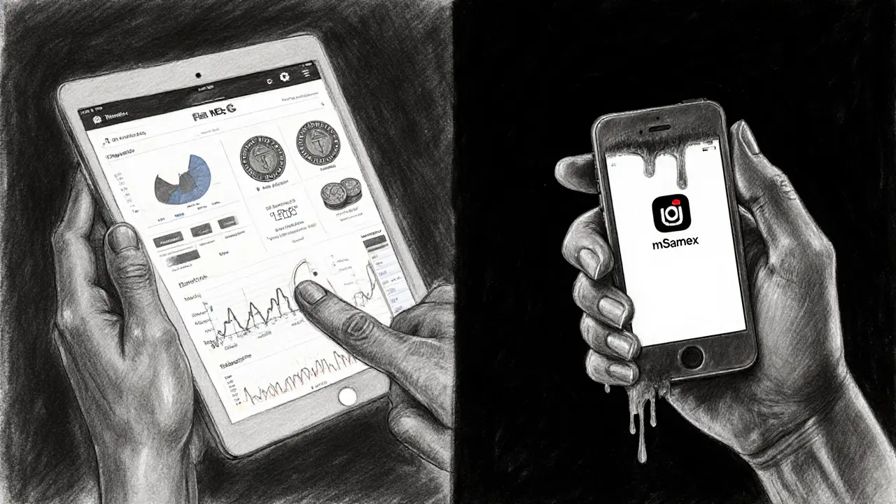 Contrasting hands reaching for MEXC app versus blank mSamex app in charcoal sketch.