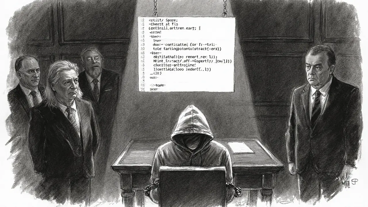 Courtroom scene with floating smart contract code and a shadowed developer chained below.