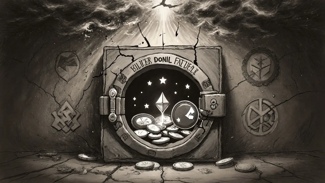 Cracked vault with crypto tokens inside, threatened by falling prices but lit by a health factor beam.