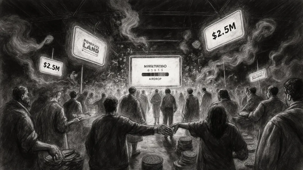 Crowded digital marketplace where avatars trade NFTs under fading neon signs.