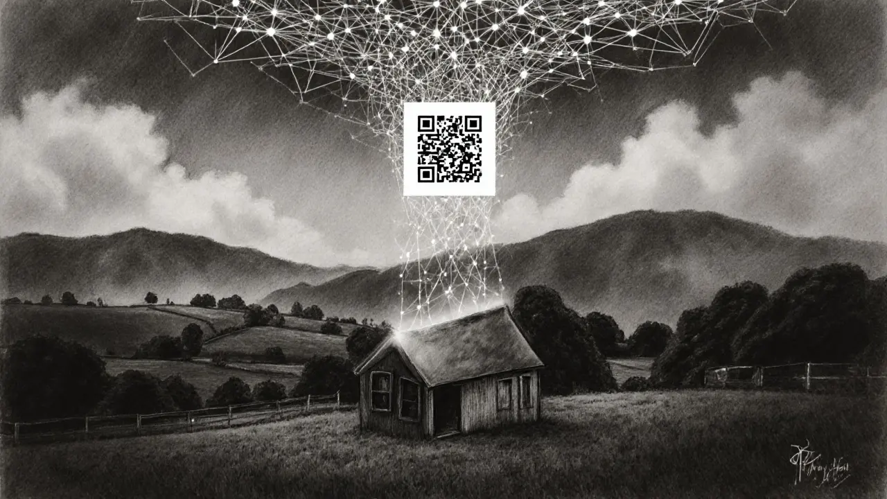 Dawn scene at a dairy farm with a QR code above cheese, its digital trail fading into cloud-connected nodes.