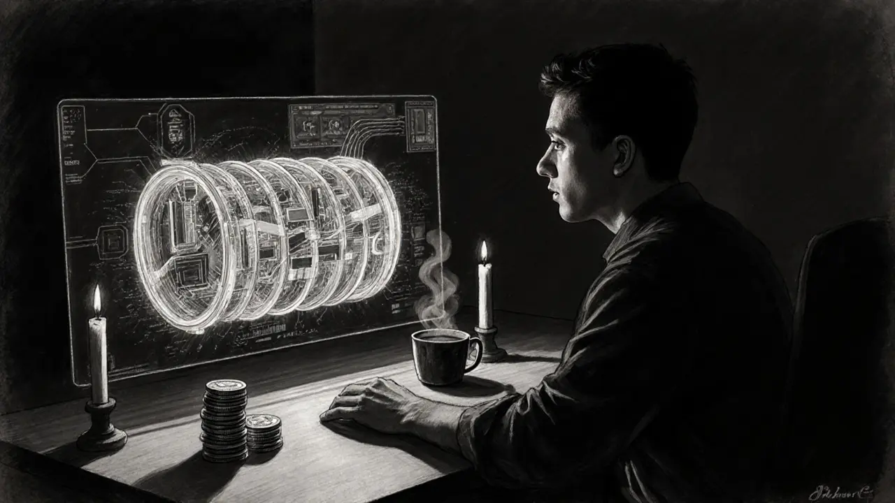 Developer at desk with holographic GPU barrel training AI, lit by candlelight.