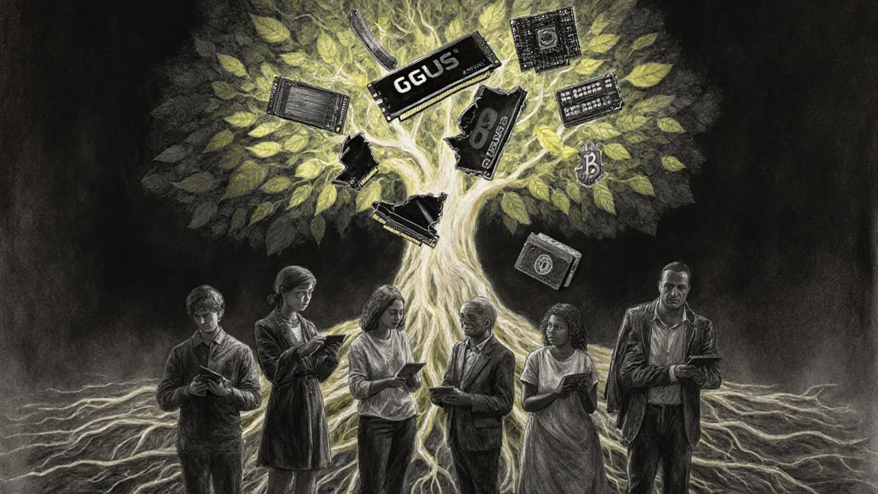 Diverse people reassembling a data center into a glowing tree with GPU leaves.