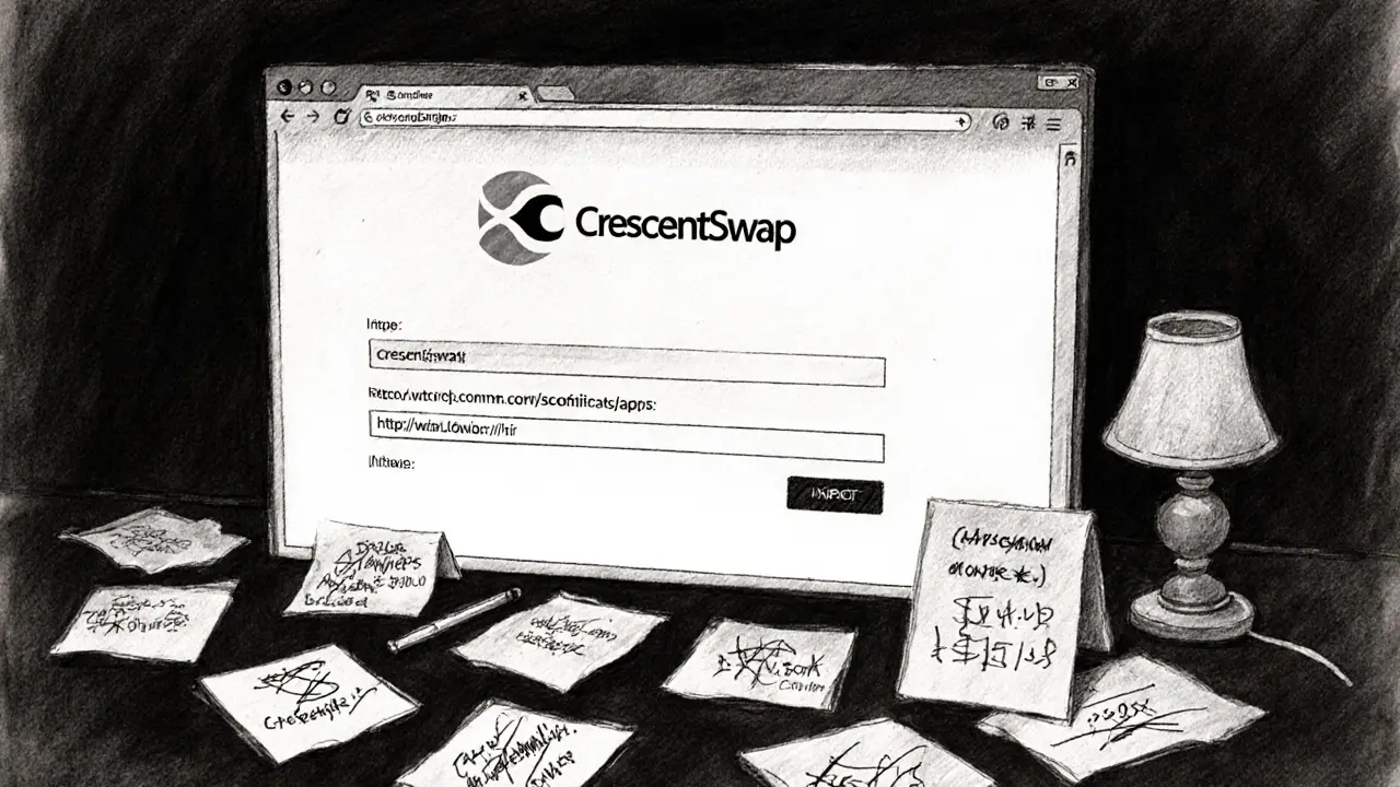 Empty browser window with CrescentSwap interface surrounded by handwritten contract notes.
