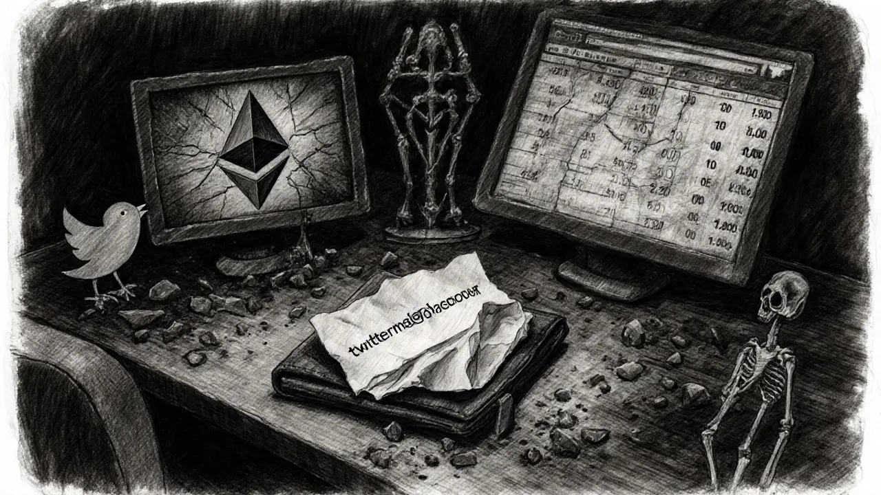 Empty wallet on a dusty desk surrounded by dead screens and a buried Ethereum logo.