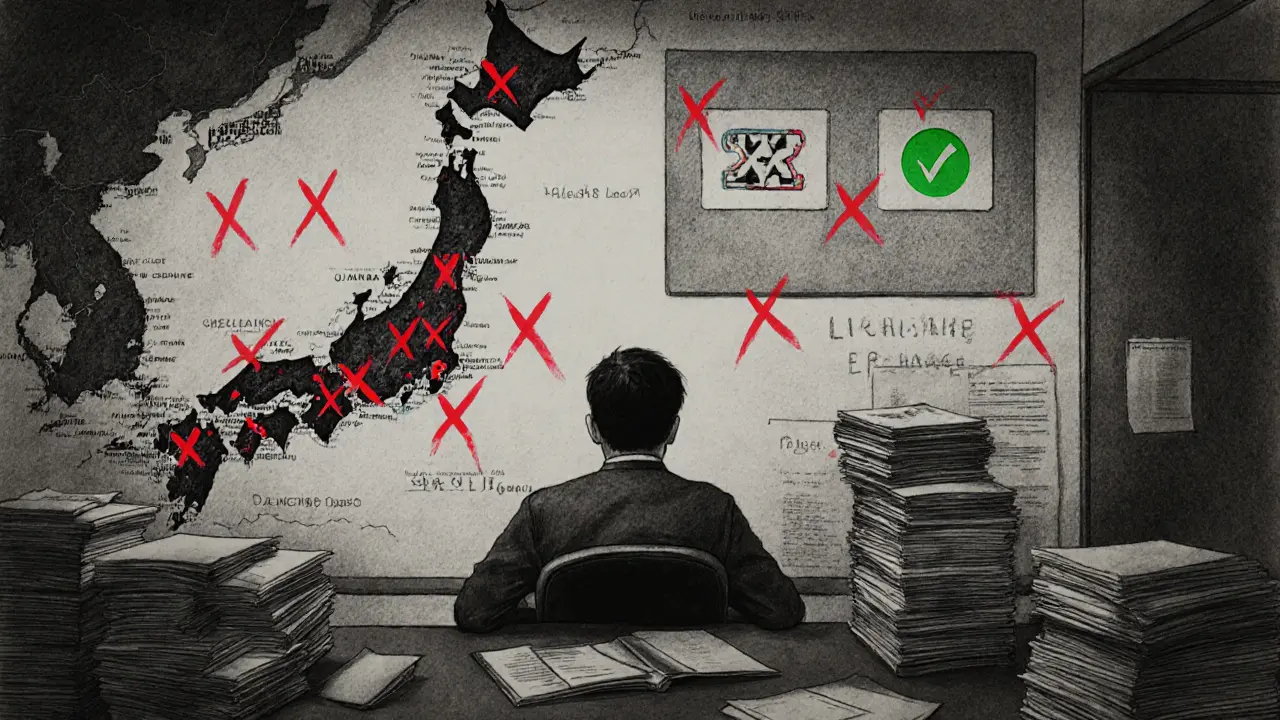 Entrepreneur surrounded by compliance documents and map of failed exchanges in Tokyo office.