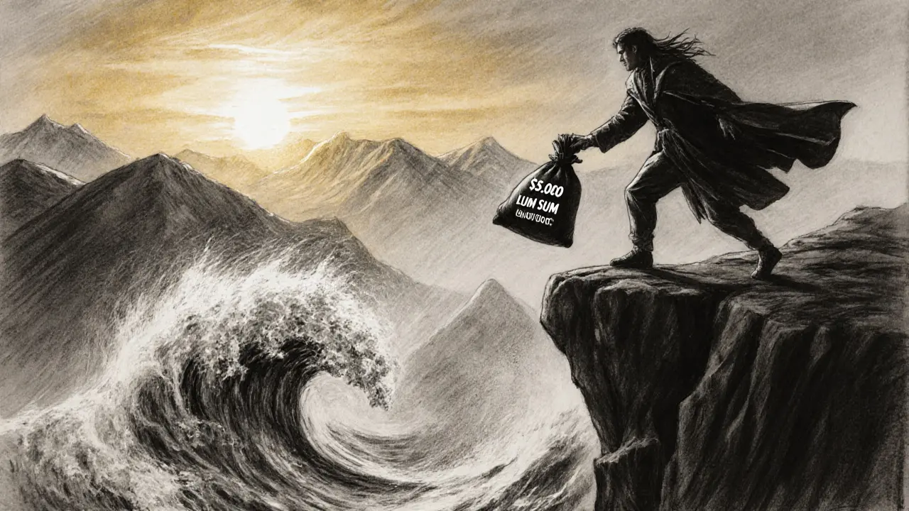 Figure throwing a lump sum sack into a rising Bitcoin price vortex at dawn.