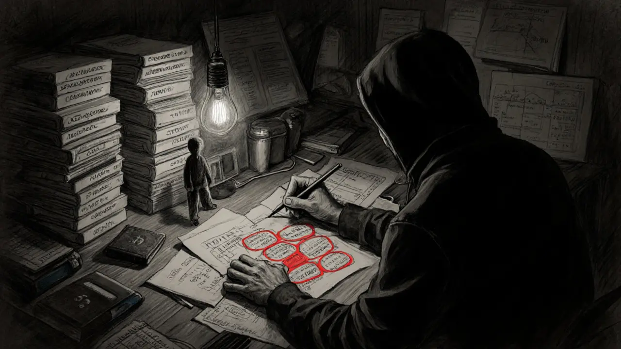 Forensic analyst tracing crypto wallet connections on paper maps under dim light.