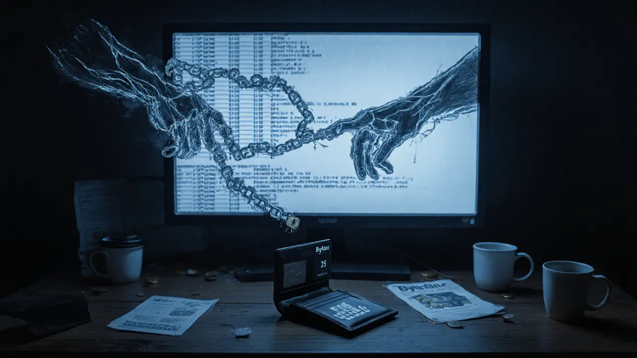 Ghostly pixelated figure above a silent blockchain ledger, with a lone wallet holding 25 $BNU tokens on a table.