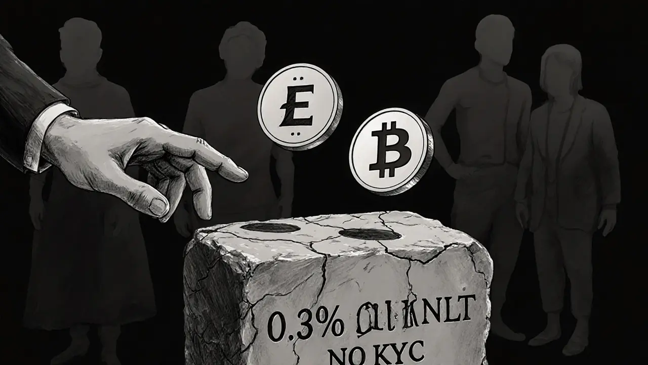 Hand hovering over ETH and MNLT tokens with scam shadows nearby on a stone tablet.