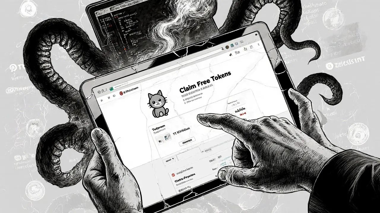 Hand reaching toward a scam website as shadowy tentacles drain coins from a wallet.