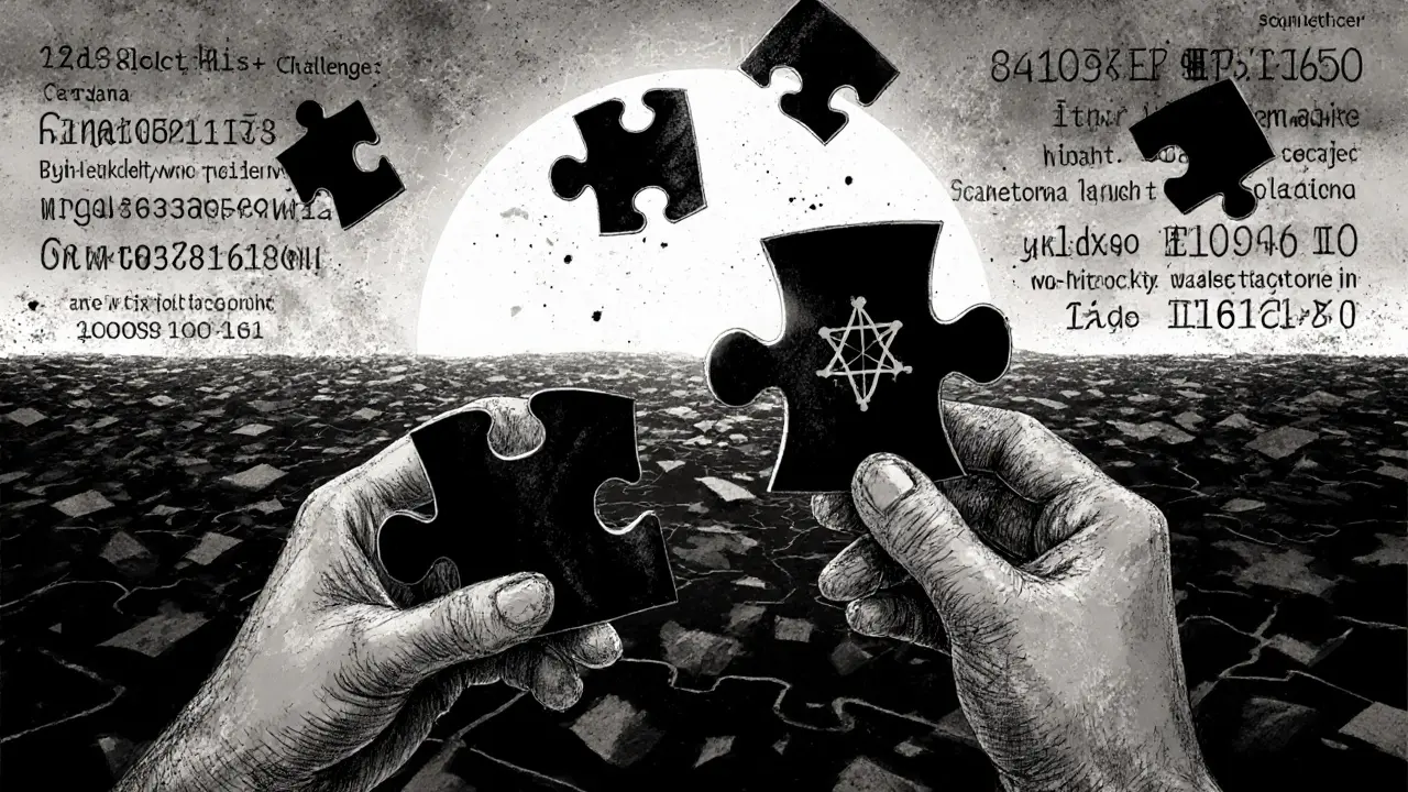 Hands assembling a Cardano-shaped puzzle amid floating computational challenges.