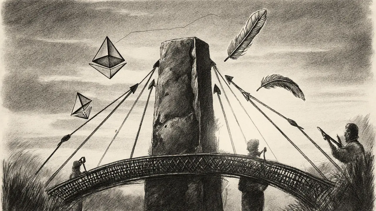 Hybrid blockchain ecosystem with main chain, Rollups, and sidechains connected under dawn light.