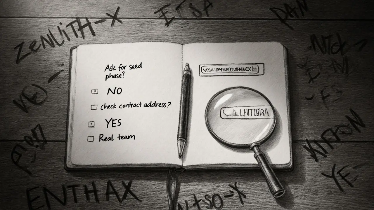 Open notebook with three clear rules to spot crypto scams, illuminated by soft light.