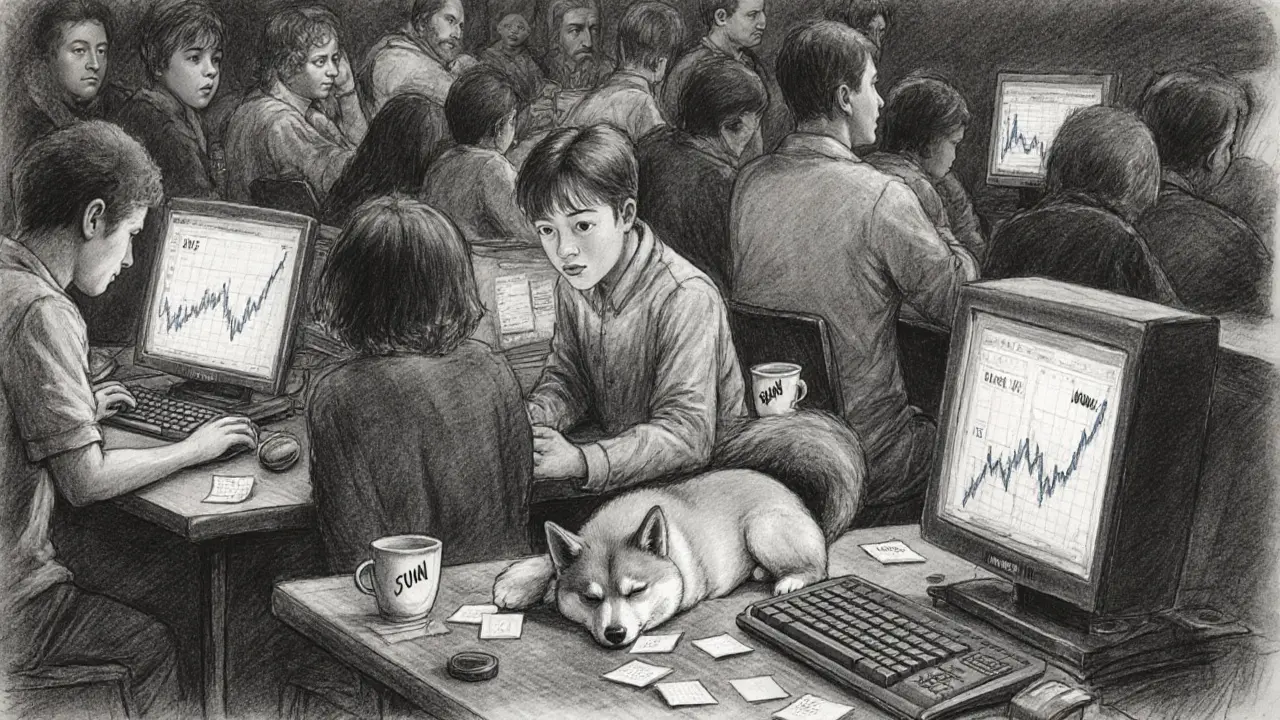 People mining Dogecoin in a 2013 internet cafe, with a sleeping Shiba Inu on a keyboard and flickering screens.