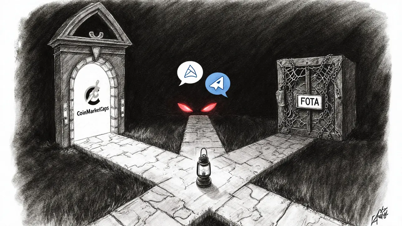 Three paths at a crossroads: one to a verified airdrop, one to a shady Telegram, one to a locked FOTA vault.
