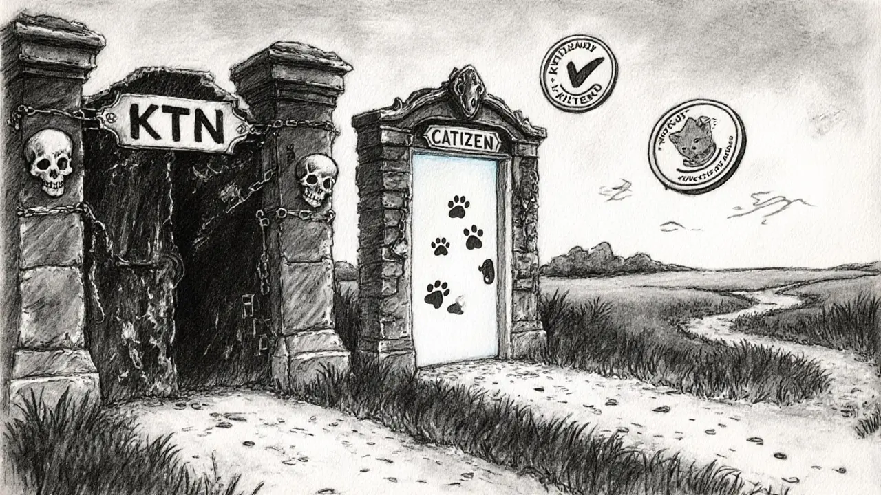 Three paths at a crossroads: one to danger, two to safe cat-themed crypto projects.