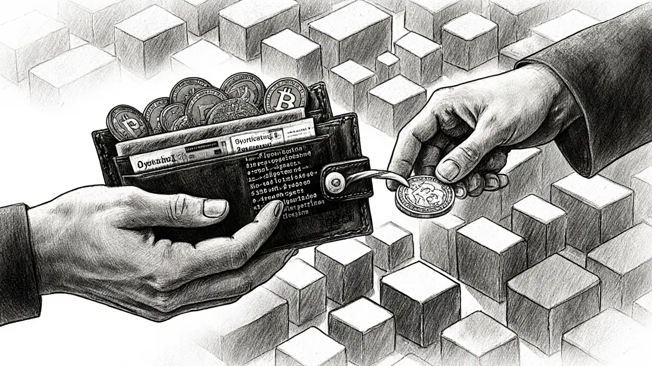 Two hands exchanging crypto and stablecoins connected by a code-filled thread.