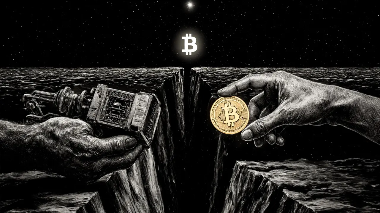 Two hands reaching across a chasm — one holding a miner, the other a PoS token — with digital chains in the background.