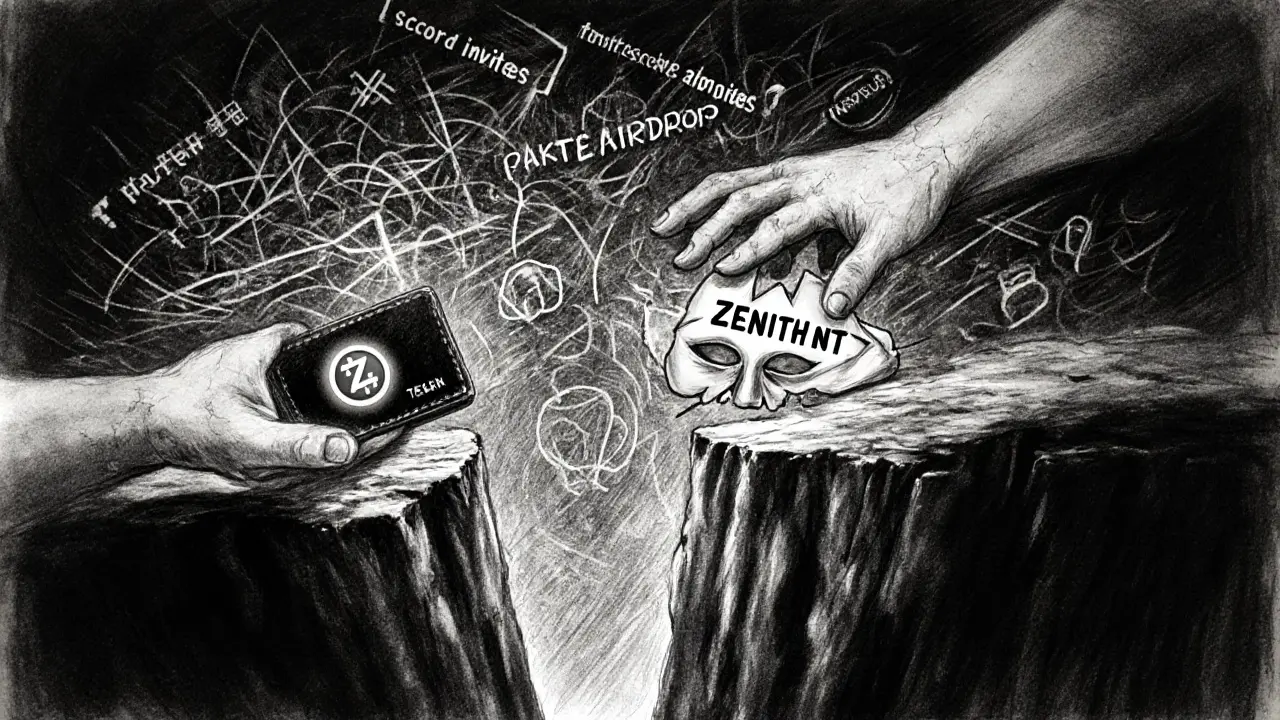 Two hands reaching across a chasm, one holding a wallet, the other a cracked mask labeled &#039;Zenith NT&#039;.